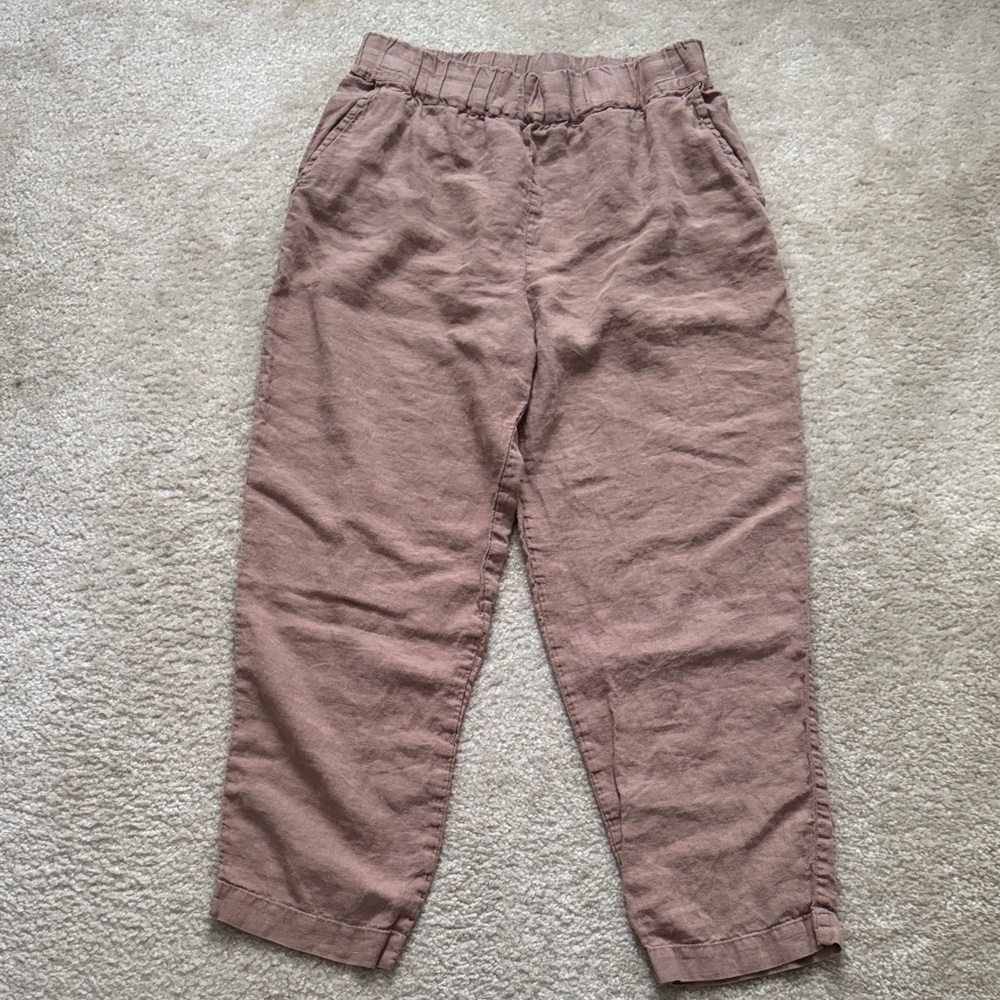 LEN OK Women's Relaxed Fit Cropped Linen Pants in Tan EUC Size L